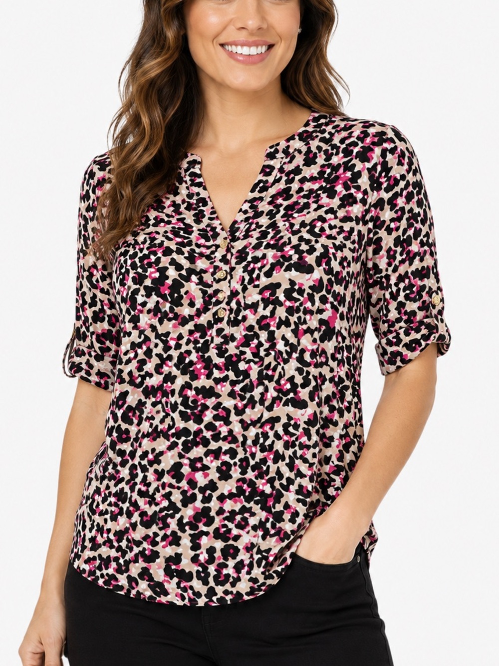 Anne‎ Klein Leopard Print Roll Tab Sleeve Stretch Blouse Top M Pink Black Beige